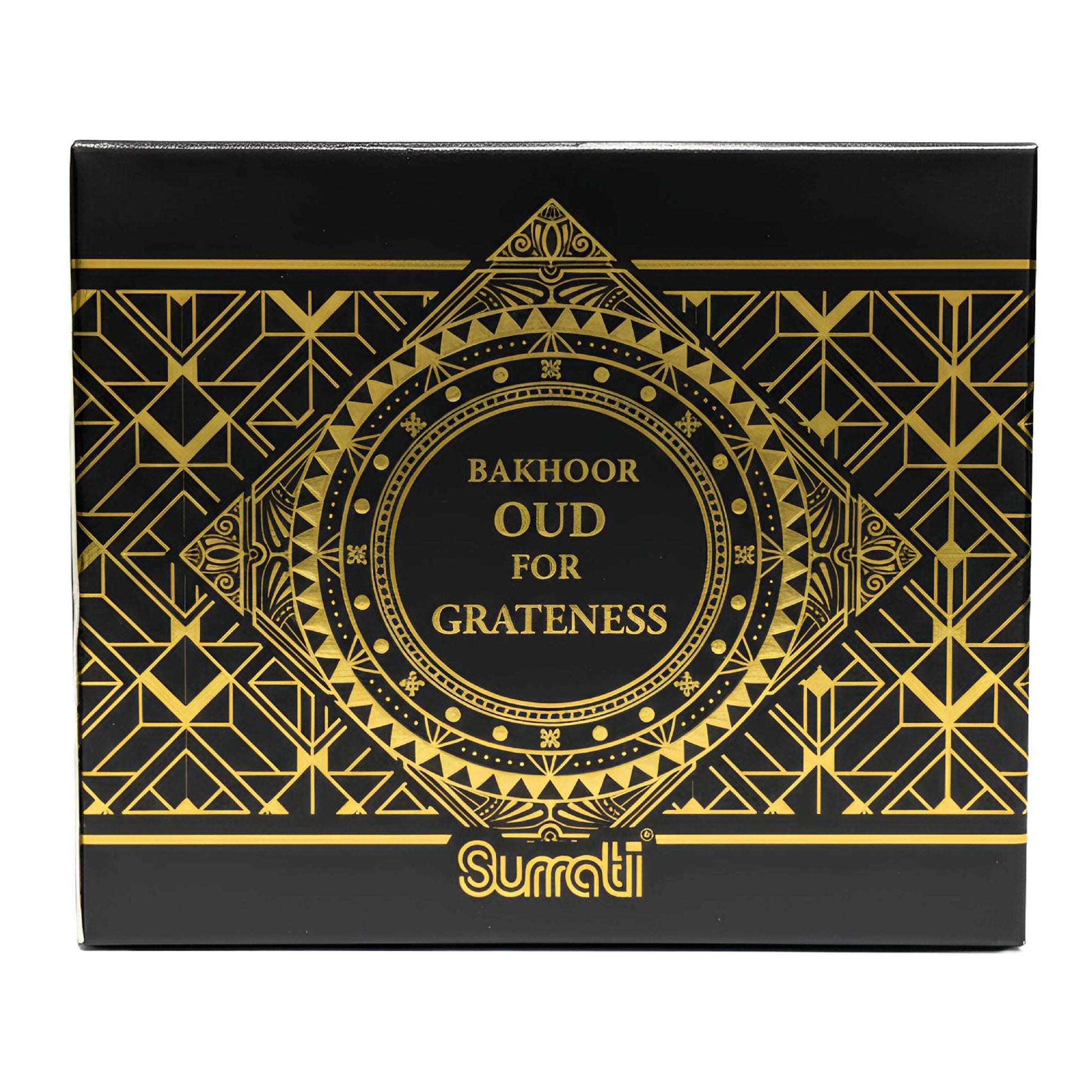 Oud For Grateness Bakhoor 70g box by Surrati featuring an intricate gold design.