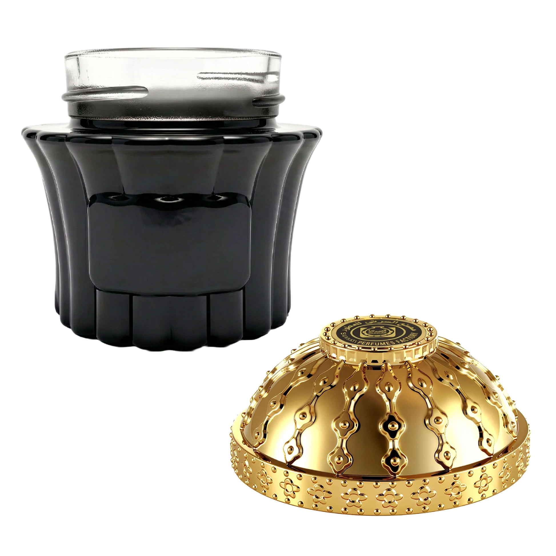 Oud For Grateness Bakhoor 70g - Surrati packaging featuring a black jar and decorative gold lid.