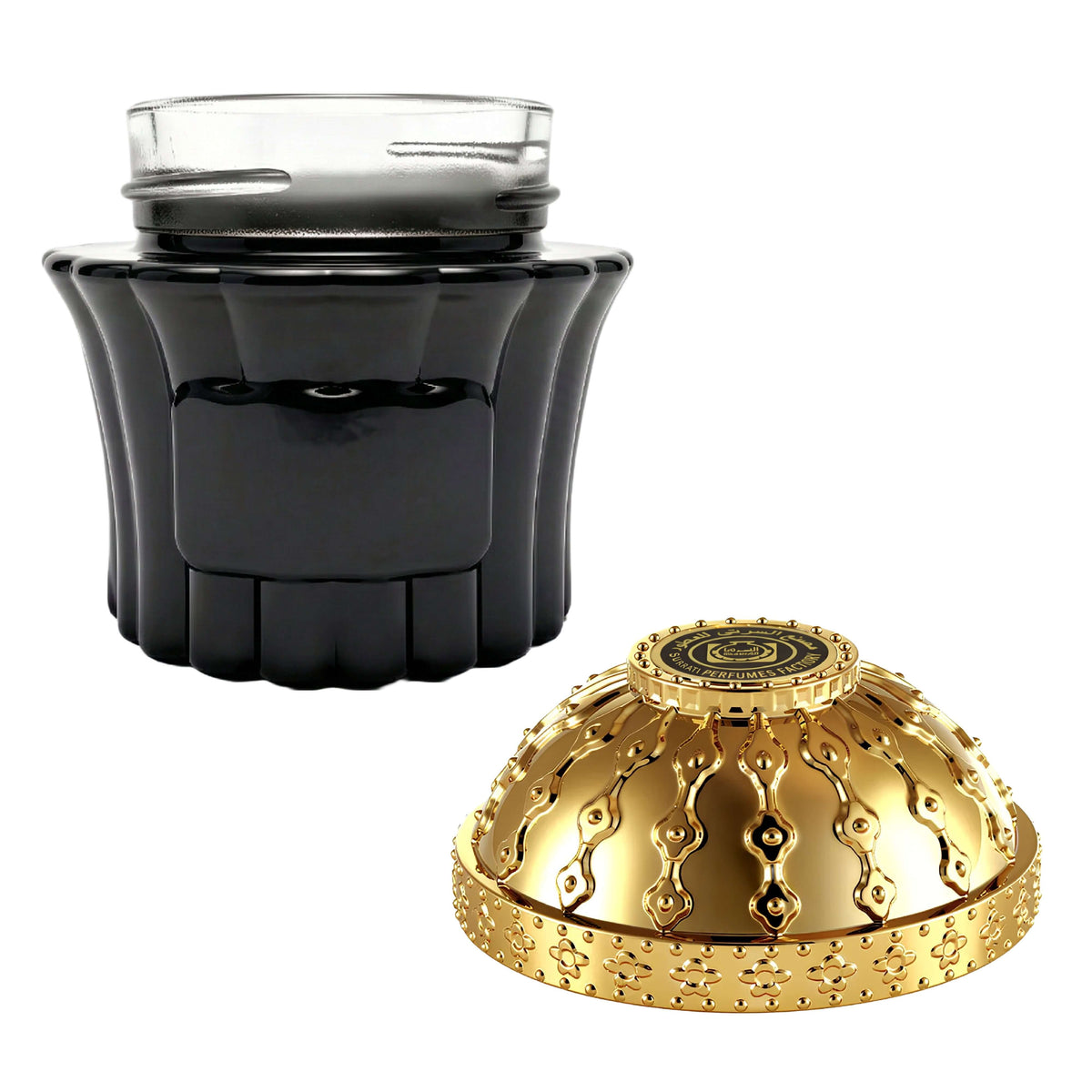 Oud For Grateness Bakhoor 70g - Surrati packaging featuring a black jar and decorative gold lid.