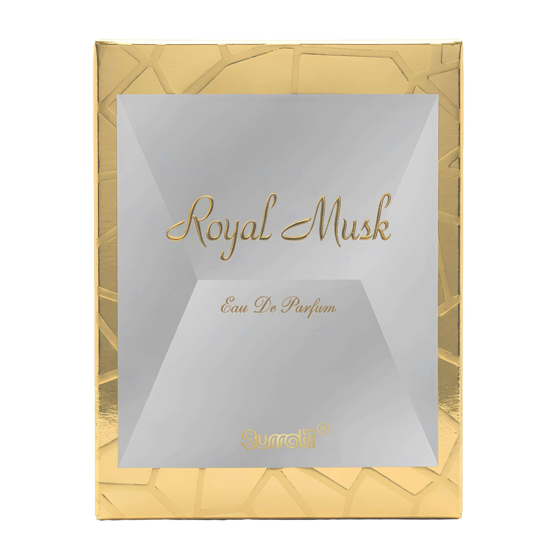 Surrati Royal Musk Concentrated Perfume Oil packaging in gold and silver, featuring elegant design and brand logo.