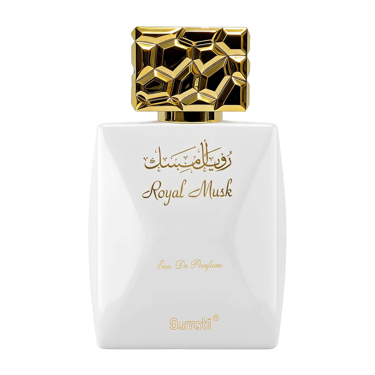 Surrati Royal Musk perfume oil 30ml bottle with elegant design and golden cap.
