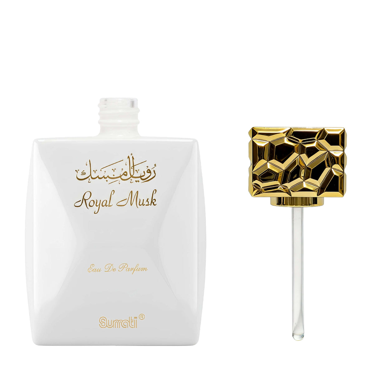 Surrati Royal Musk perfume oil bottle with ornate cap and dropper, showcasing luxurious fragrance.