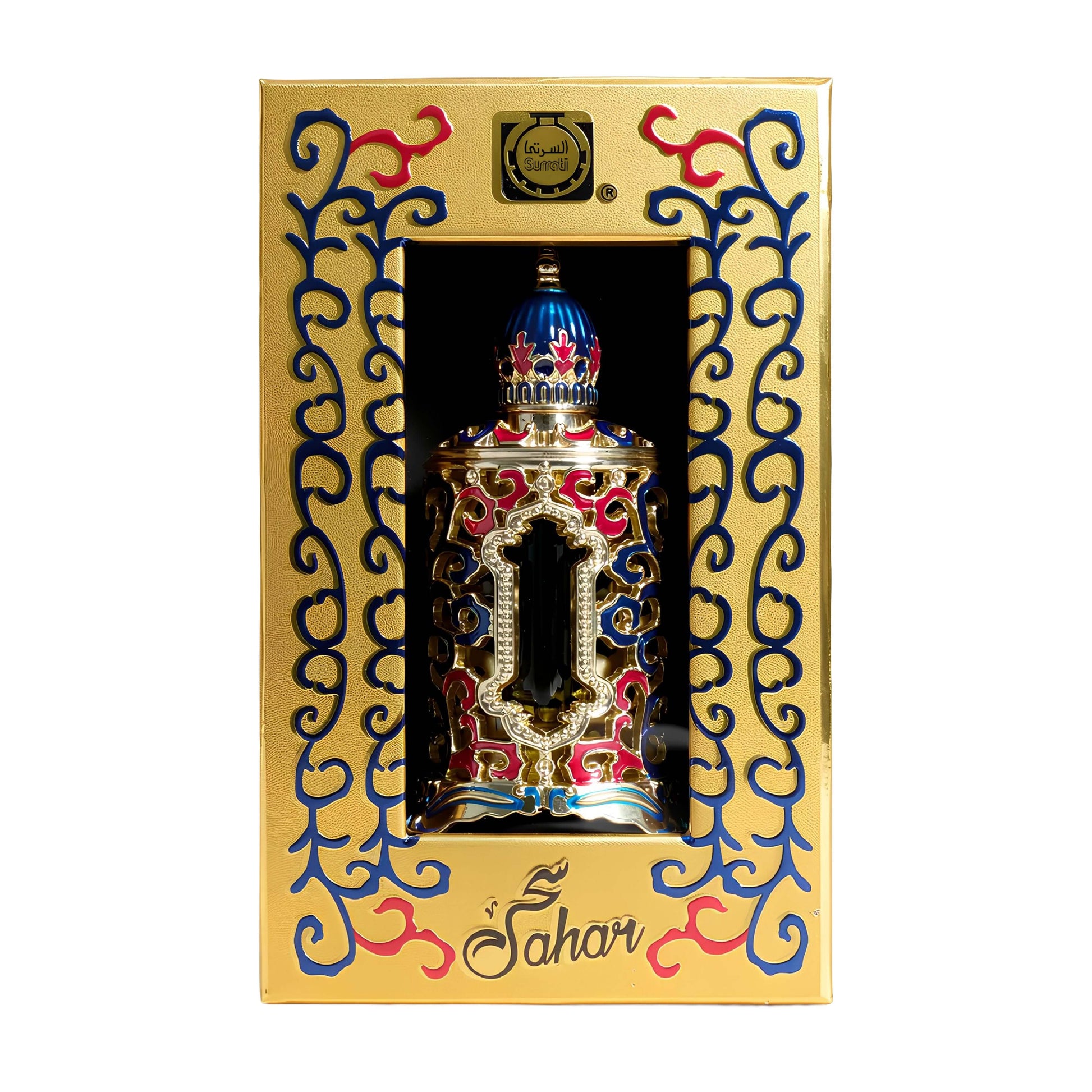 Sahar concentrated perfume oil in a beautifully designed ornate bottle with gold and colorful patterns.