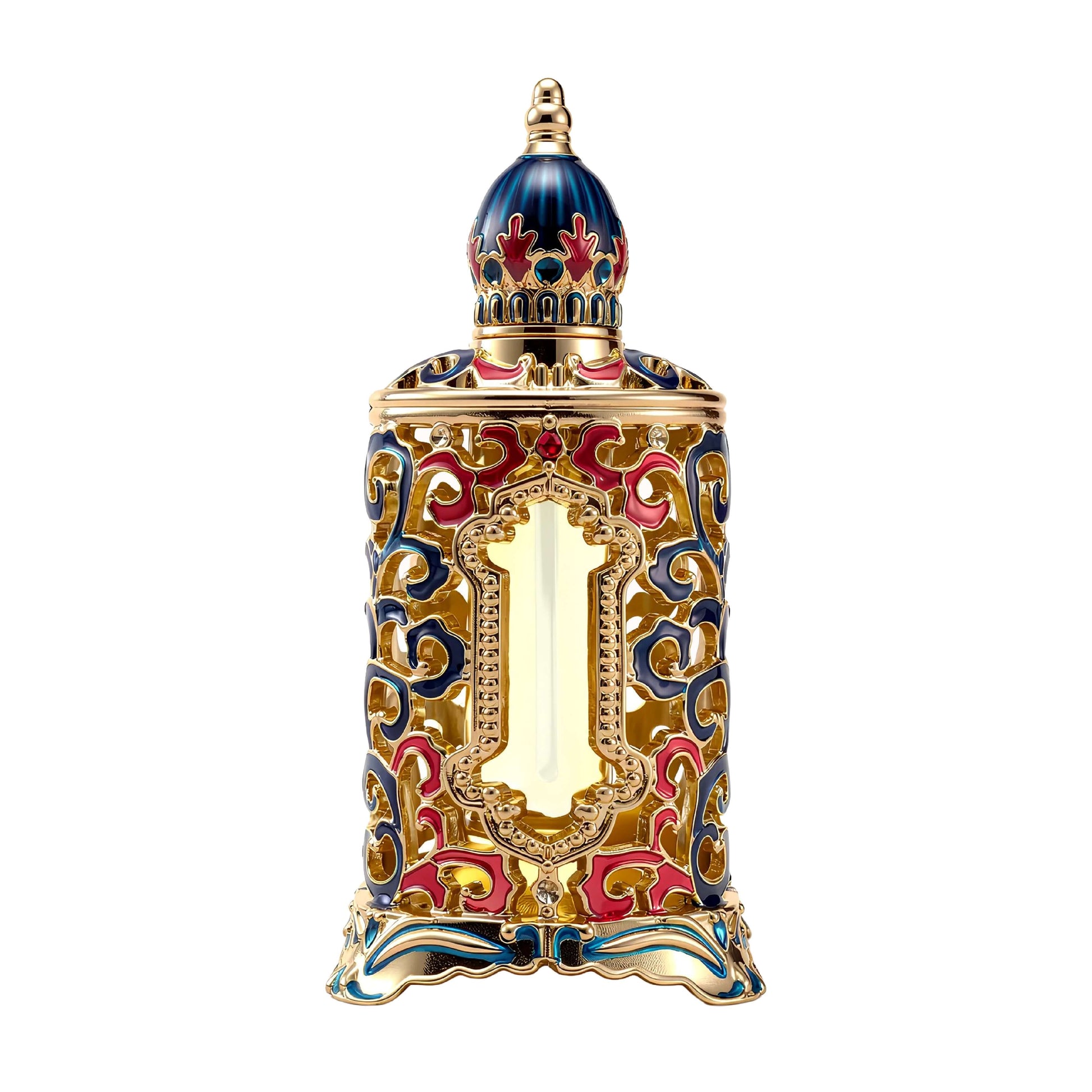 Sahar concentrated perfume oil 12ml bottle with intricate gold and colorful design by Surrati.