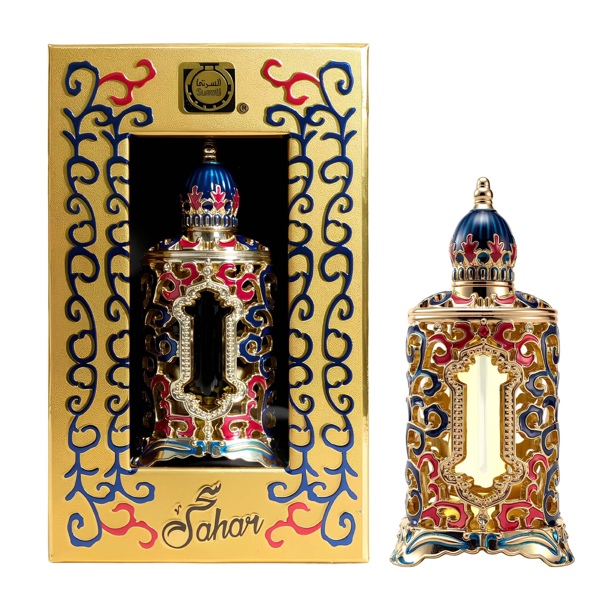 Sahar concentrated perfume oil 12ml in a decorative box, featuring ornate design and vibrant colors.